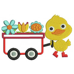 Stickmuster - Ente mit Blumenwagen